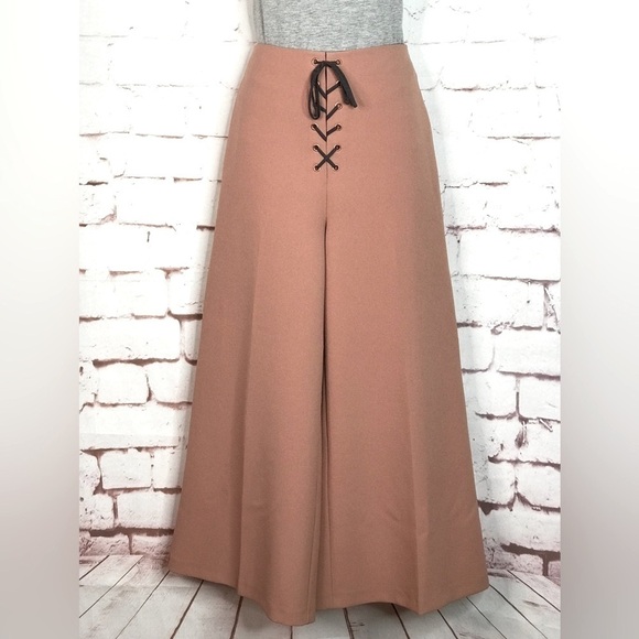 TOPSHOP Dusty Pink Lace-Up Waist Wide Leg Trousers Gauchos Culottes Size 6 - Picture 2 of 14